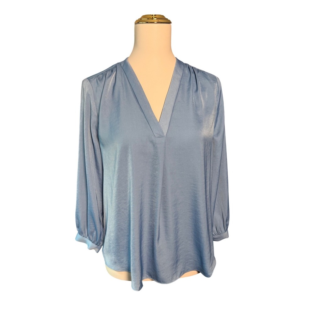 Vince Camuto Womens Light Blue Satin look V-Neck Pleated Shoulder Blouse Size S